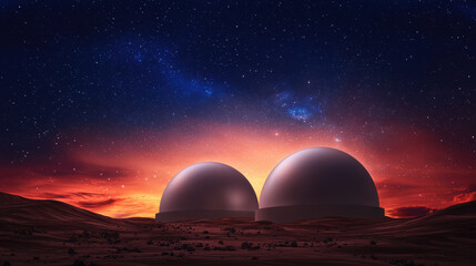 Obraz premium Research Lab concept. Two futuristic observatories under vibrant sunset sky with stars and cosmic clouds