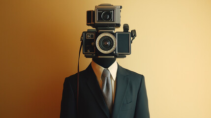 Fototapeta premium A man with a camera as his head, wearing a suit, standing in yellow background room