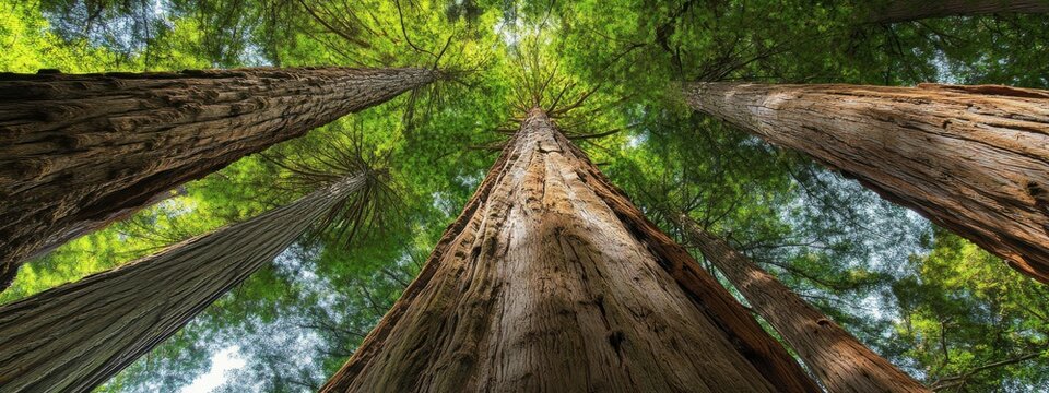 A captivating image of the towering redwood trees in California闁炽儲鐛 Redwood National Park, viewed from the forest floor looking up, Redwood forest scene