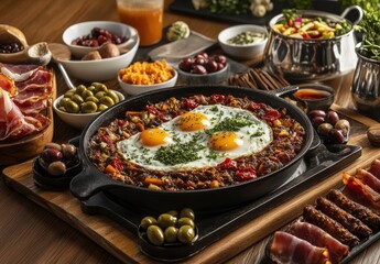 Fototapeta premium Delicious traditional breakfast spread with colorful vegetables, sunny-side up eggs, and a variety of side dishes including olives, meats, and fresh juice