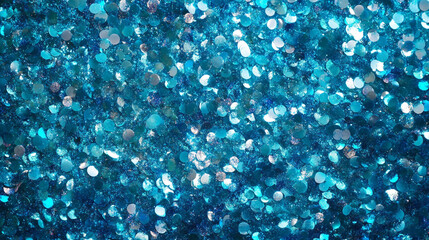 blue Sparkling Lights Festive background with texture. Abstract Christmas twinkled bright bokeh defocused, Shimmering Blue Glitter on a Bright Background