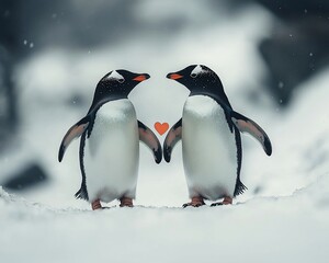 Obraz premium Two penguins face each other in snowy landscape, with a heart between them.
