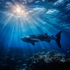 deep blue underwater with sun beams background