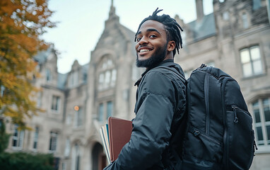 University student standing outside with a backpack and books, looking excited about their study abroad journey, with a campus building in the background.

