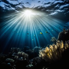 Fototapeta premium deep blue underwater with sun beams background