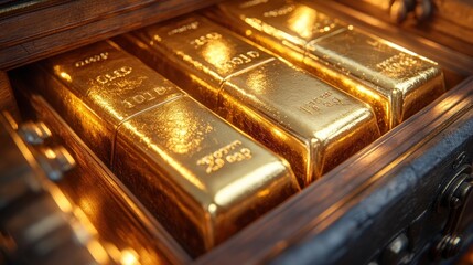 Gold bars in wooden chest, valuable treasure.