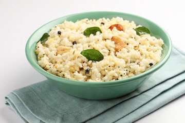 Ven Pongal with Sambar, coconut Chutney popular Indian breakfast food Tamil Nadu festival Pongal Sankranti Diwali spicy pongal