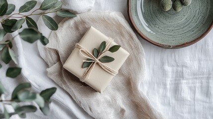Elegant Gift Wrapped in Simple Craft Paper with Greenery Decoration on Natural Linen Surface Surrounded by Minimalist Tableware and Fresh Plant Accents