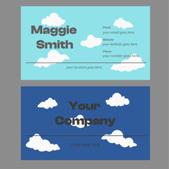 Professional Advertising Business Card designed from clouds with minimal descriptions, blue and sky blue colours, modern and creative designs