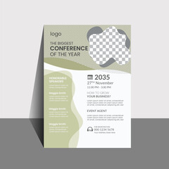 Formal Business Flyer conference advertising template designed from customized shapes, icons, greenish colours