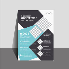Formal Business Flyer conference advertising template designed from multiple diamond shapes, icons, dark grey, sky blue and white colours 
