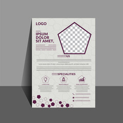 Professional Simplistic Corporate Flyer of pentagons,  icons, formal violet colour combination, minimal watermarks, patterns along with rational description