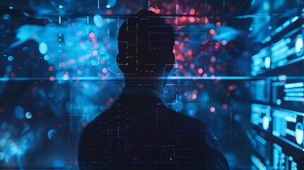 "A businessman analyzing complex big data with artificial intelligence, utilizing AI-driven insights to make strategic decisions, optimize performance, and drive innovation in a data-centric business 