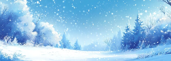 A serene winter landscape with snow-covered trees, falling stars in the sky, and a panoramic view of a snowy forest.