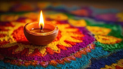 Traditional Oil Lamp Illuminating Colorful Rangoli Design During Festival Celebrations with Vibrant Patterns and Cultural Significance in a Festive Atmosphere