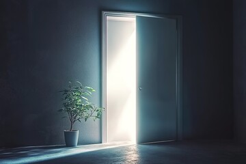 A white door is open in the dark room, with light shining through from outside. 