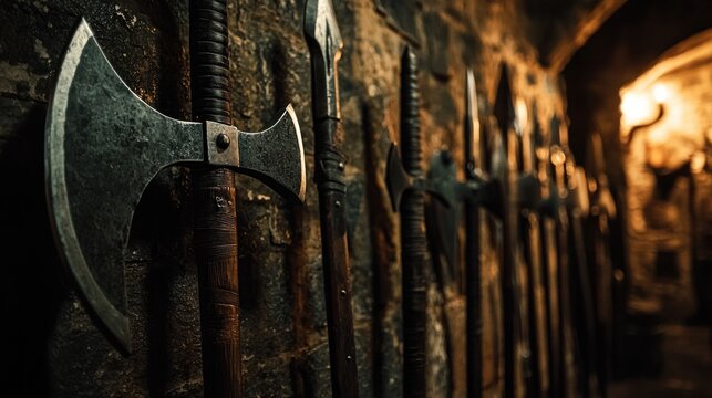 A rack of spears and battle axes lined up in a dark, atmospheric armory room.