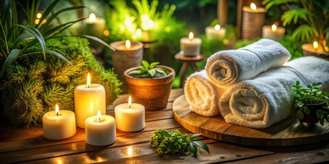 Overhead view: a serene spa corner, soft towels, flickering candles, peaceful retreat.