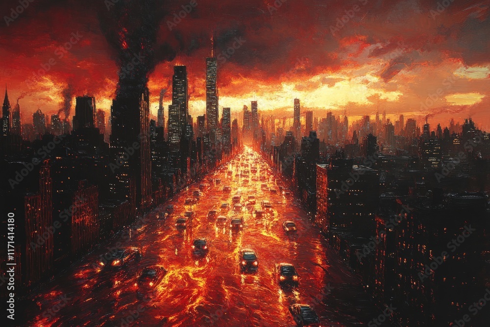 Canvas Prints Fiery city streets, apocalyptic sunset, cars drive through lava.