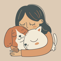 Elegant Illustrator Of A Pet Lover Girl With A Cat & Dog Vector Illustration