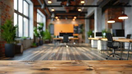 Modern office workspace with wooden table in focus, blurred background showing desks and plants.
