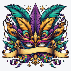 Carnival Mardi Gras label with fleur de lis symbol, feathers, mask, ribbon stock illustration