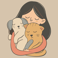Elegant Illustrator Of A Pet Lover Girl With A Cat & Dog Vector Illustration