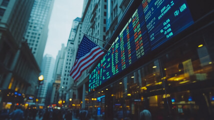 American Financial District: A bustling cityscape, with the American flag proudly waving, a large digital stock ticker board displays fluctuating numbers.