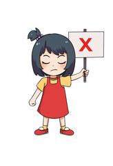 Cute Cartoon Girl Holding a Red Cross Sign for Disapproval or Error