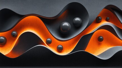 Obraz premium Abstract 3D Render Dark Grey and Orange Waves with Spheres