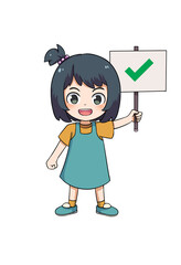 Cute Cartoon Girl Holding a Checkmark Sign for Approval or Success