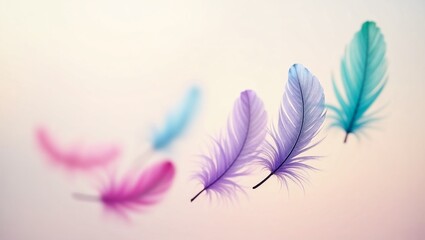 Obraz premium Delicate colorful feathers floating gracefully on soft background 