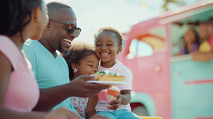 diverse crowd enjoying food truck festival, focus on African American family sharing meal, outdoor setting