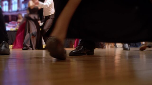 Large group of girls, dressed in elegant evening gowns, and men in handsome suits, are dancing polka in a circle in spacious ballroom, making characteristic foot moves.