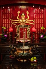 Vibrant Chinese Altar with Golden Deity