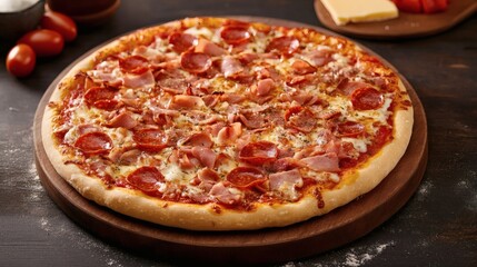 delicious Italian pizza with pepperoni, ham, and salami, topped with mozzarella cheese and tomatoes background