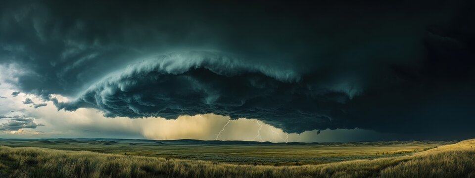 A captivating view of a dramatic thunderstorm over a wide-open prairie, with lightning striking and dark clouds rolling in, Thunderstorm scene