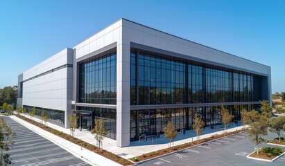 Obraz premium Modern industrial building exterior with glass facade and empty parking