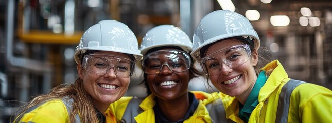 Three diverse workers smiling together in industrial gear at construction site