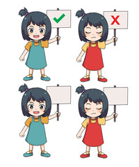 Cute Cartoon Girl Holding a Checkmark, red cross,  empty Sign for Approval or disapproval, correct, wrong