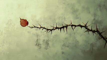 A thorned vine hangs limp and lifeless with a single leaf clutched to its fading stem, botanical garden, dying vines, succulent life. Thorned. Illustration
