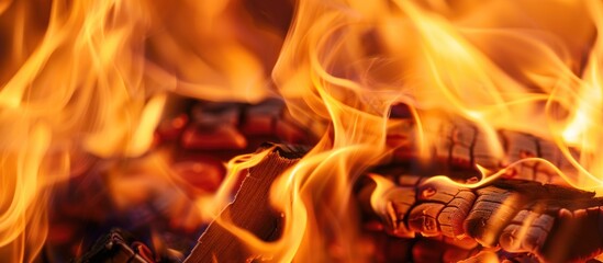 Fototapeta premium Fiery flames engulfing burning wood.