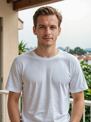 Fototapeta premium Retrato de hombre joven blanco vistiendo una camiseta blanca de algodón en el exterior de una casa 