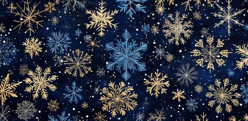 Elegant pattern of blue and gold snowflakes on a dark background captures the essence of winter beauty and festive spirit