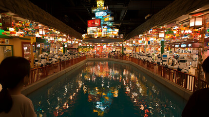 Obraz premium Children viewing illuminated water feature with robots in Asian-themed indoor setting.