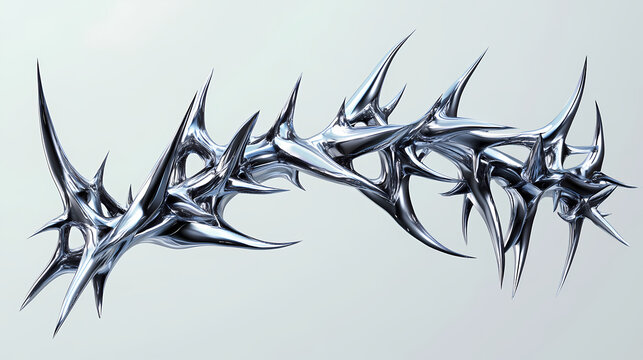 Chrome 3d element. abstract array metal ridge, iron bones in cyber sigilism style, perspective objects. transparent background. Thorned. Illustration