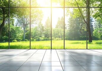 A large indoor glass window overlooks a green landscape outside