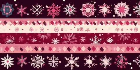 Festive pink and red Christmas pattern with snowflakes and stripes