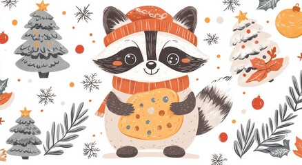 Cute raccoon illustration with Christmas elements holding a sweet sandwich cookie
