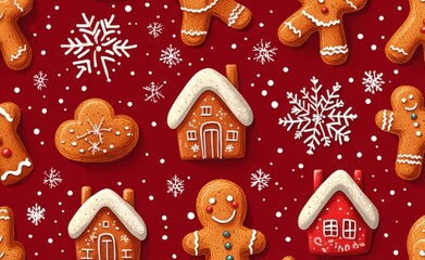 Festive red background with assorted gingerbread cookies and snowflakes for Christmas